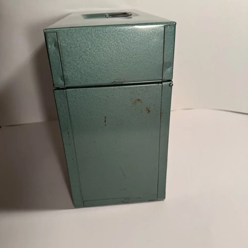 Vintage Metal File Box Hammered Stanley Green 12.5” x 4.5” x 8.5” Latch Handle